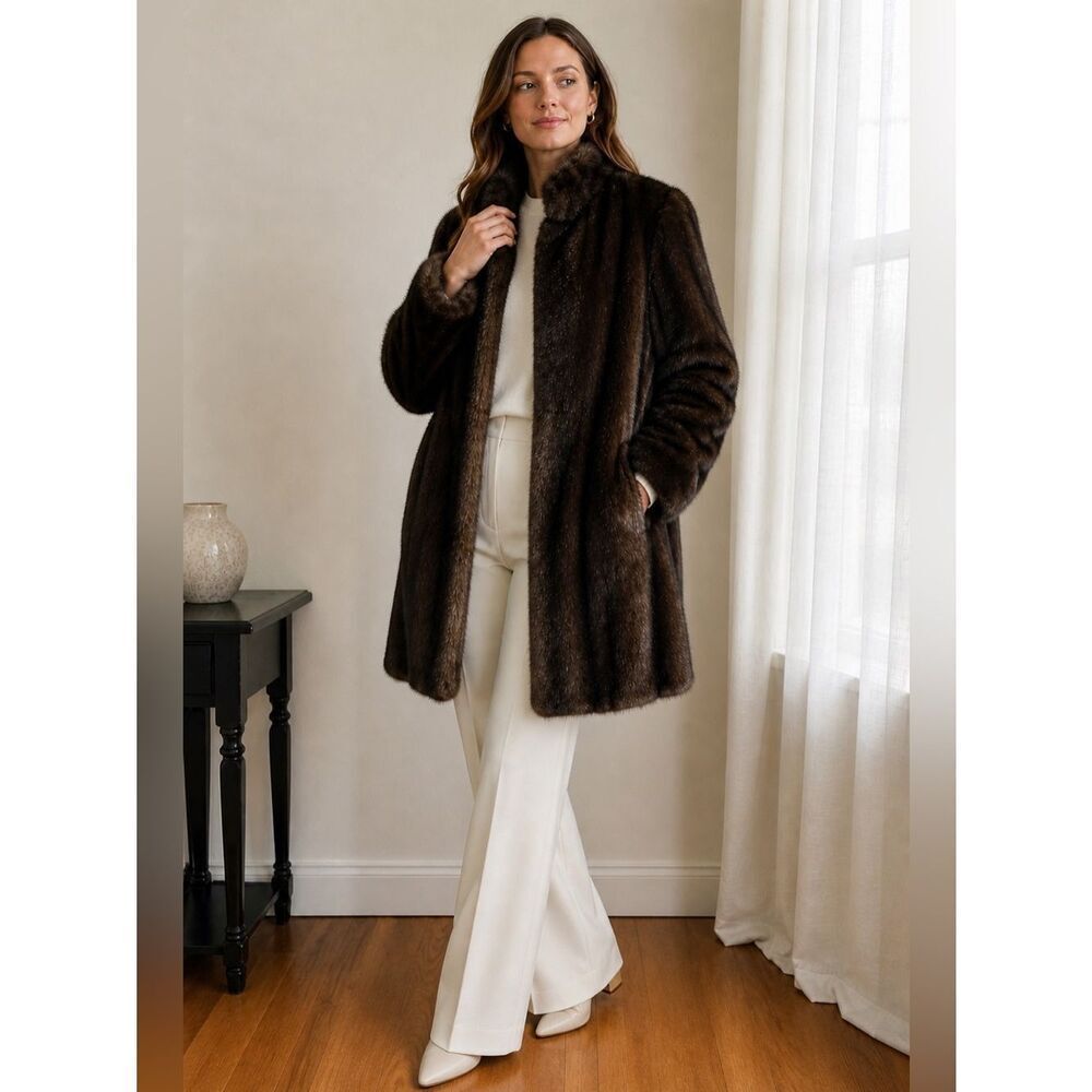 London Fog Dark Brown with Black Faux Fur Coat